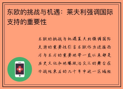 东欧的挑战与机遇：莱夫利强调国际支持的重要性