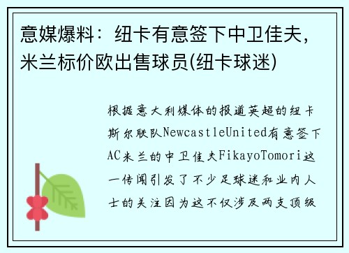 意媒爆料：纽卡有意签下中卫佳夫，米兰标价欧出售球员(纽卡球迷)