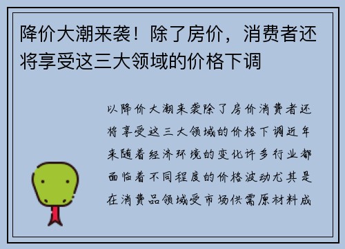 降价大潮来袭！除了房价，消费者还将享受这三大领域的价格下调