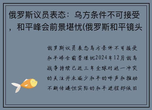 俄罗斯议员表态：乌方条件不可接受，和平峰会前景堪忧(俄罗斯和平镜头)