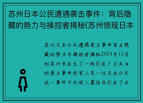 苏州日本公民遭遇袭击事件：背后隐藏的势力与操控者揭秘(苏州惊现日本街)