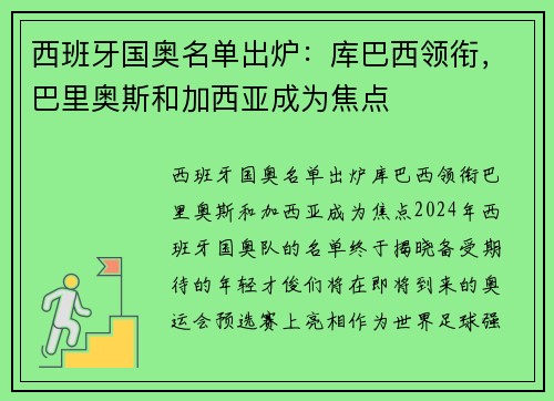西班牙国奥名单出炉：库巴西领衔，巴里奥斯和加西亚成为焦点